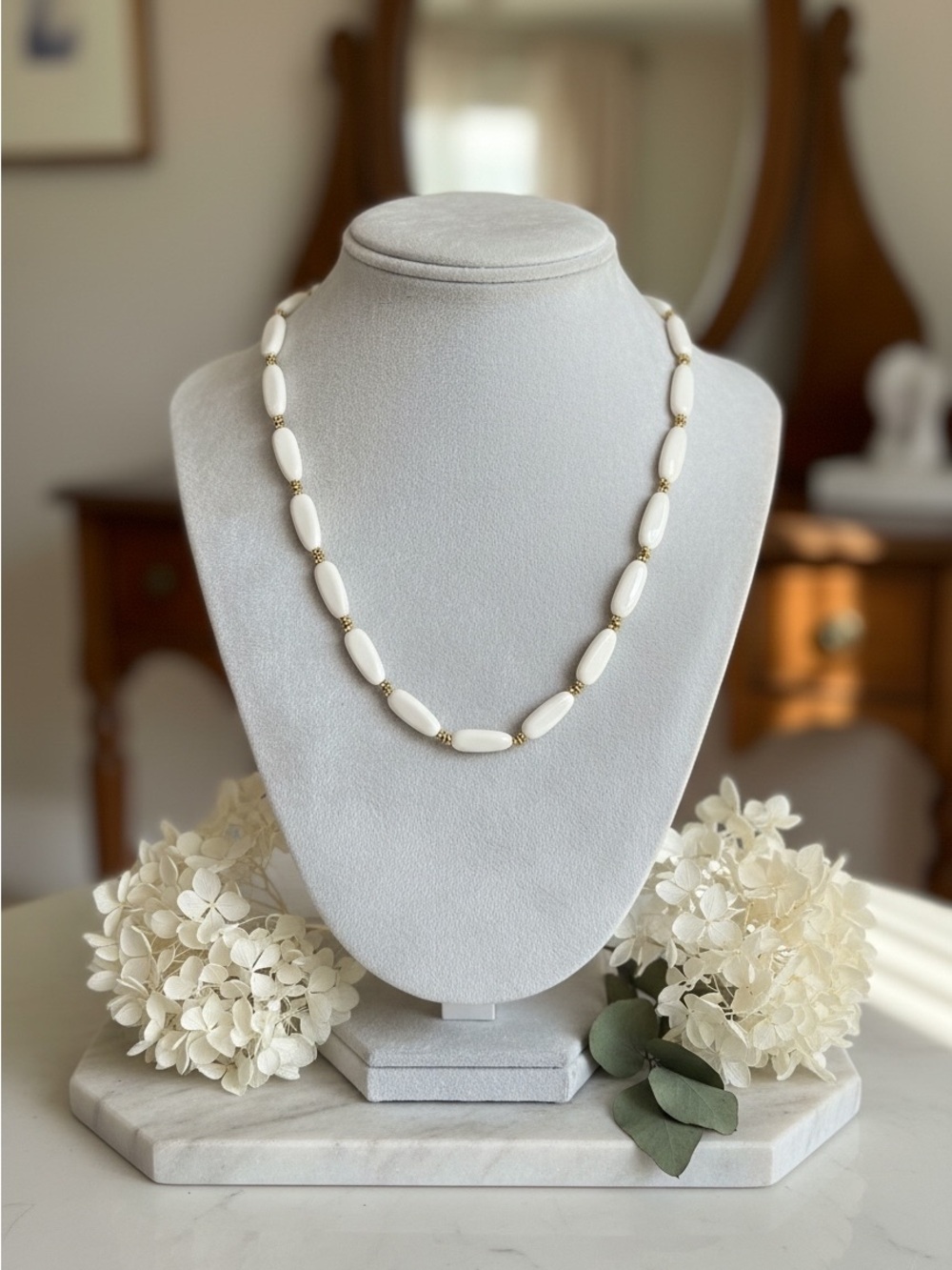 Vintage Milk White Oval Bead Necklace Gold Accents